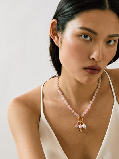 Petalia Tulip Floral Pearl  Charms 18K Gold Plated - Pink Women's Beaded Chain Pendant Necklace
