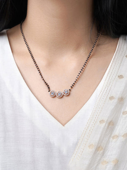 Pihu Three Round CZ Stones Layered Rosegold Plated Mangalsutra