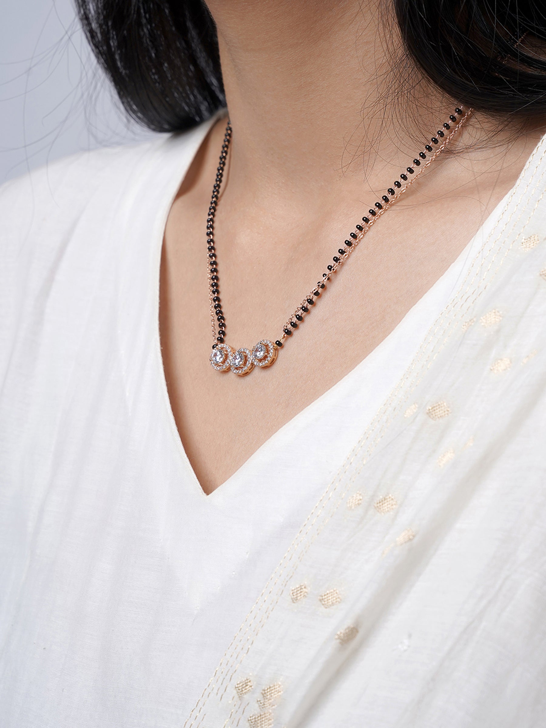 Pihu Three Round CZ Stones Layered Rosegold Plated Mangalsutra