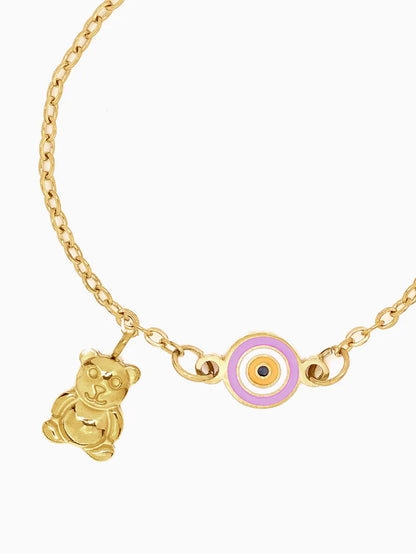 Pink Evil Eye Teddy Charm 18K Gold Plated Kid's Loose Bracelet