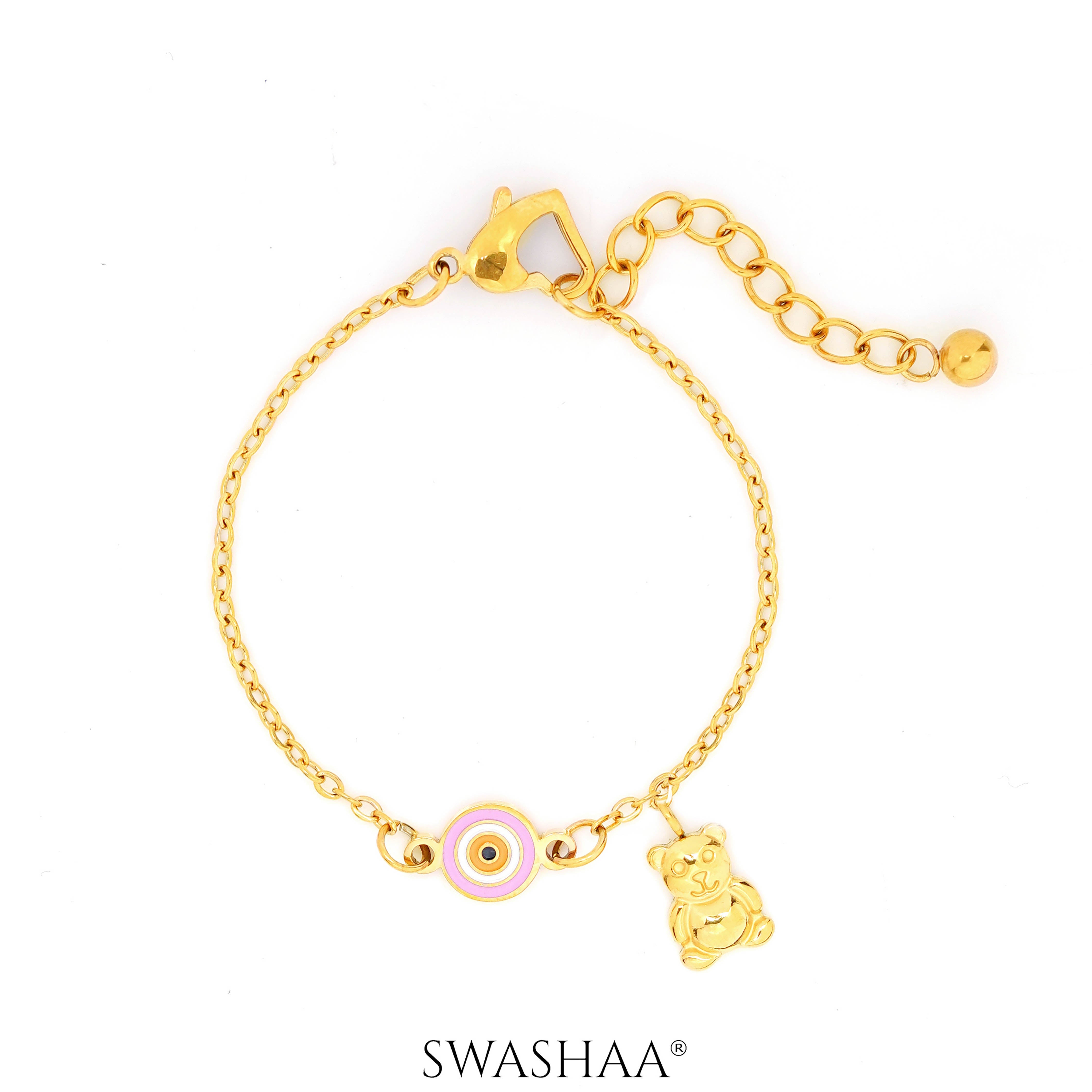 Pink Evil Eye Teddy Charm 18K Gold Plated Kid's Bracelet