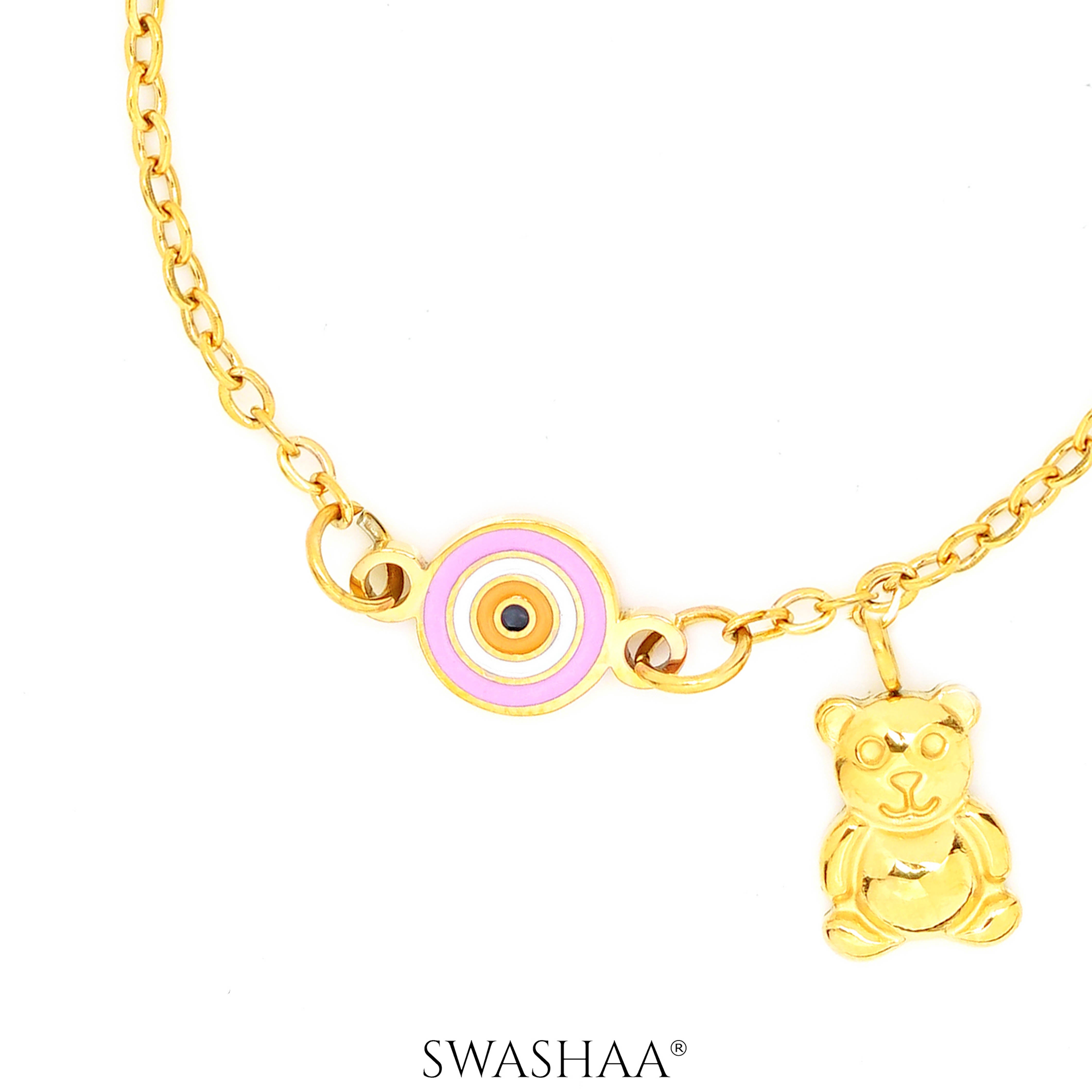 Pink Evil Eye Teddy Charm 18K Gold Plated Kid's Bracelet