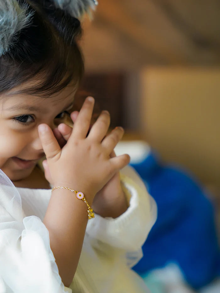 Pink Evil Eye Teddy Charm 18K Gold Plated Kid's Loose Bracelet