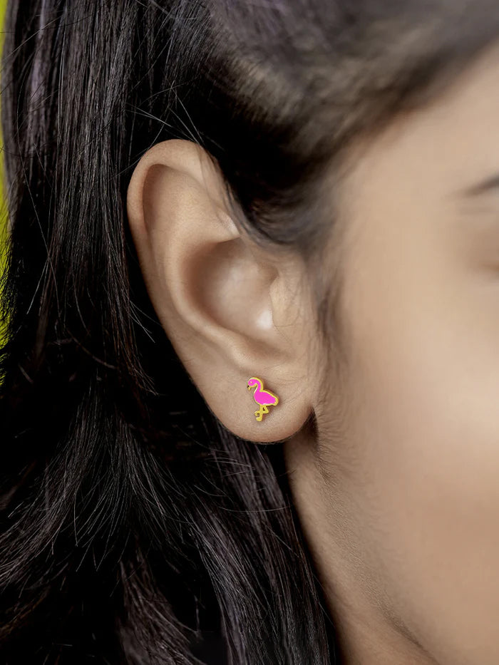 Pink Flamingo Charm 18K Gold Plated Kid's Stud Earrings