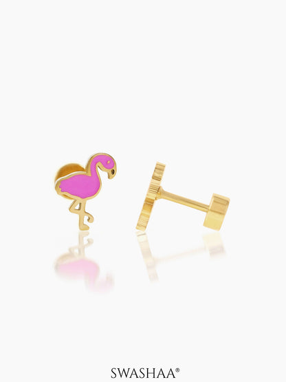 Pink Flamingo Charm 18K Gold Plated Kid's Stud Earrings