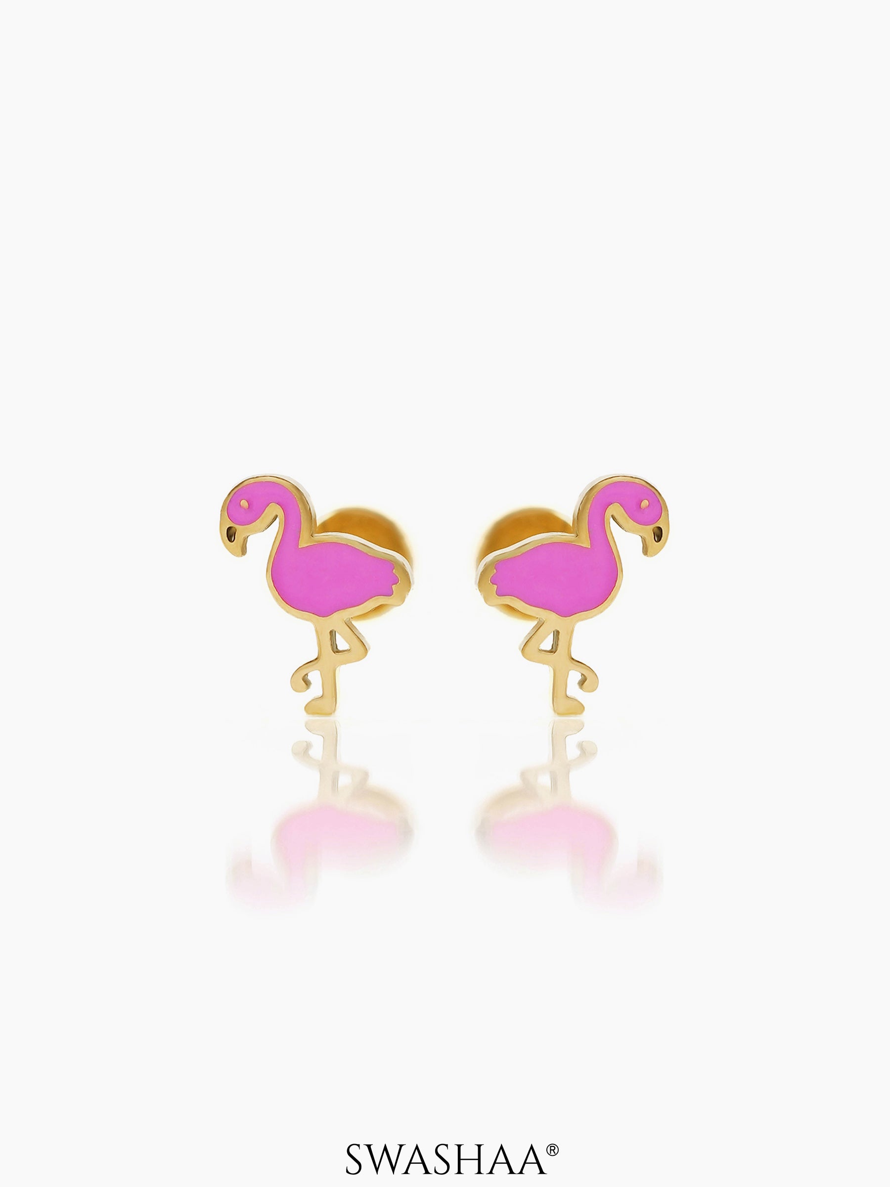 Pink Flamingo Charm 18K Gold Plated Kid's Stud Earrings