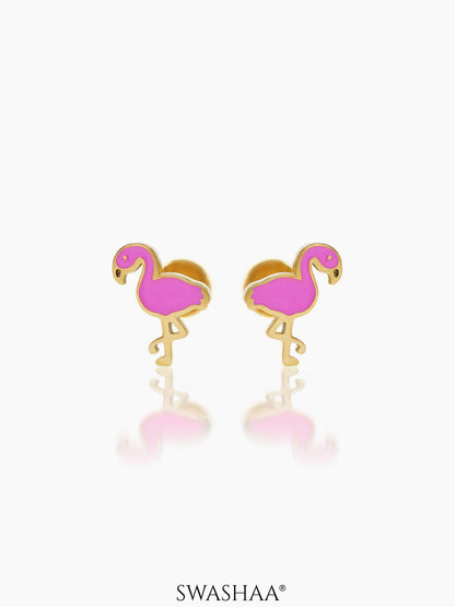 Pink Flamingo Charm 18K Gold Plated Kid's Stud Earrings
