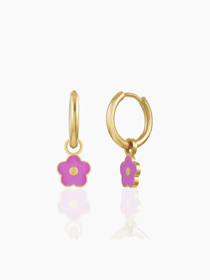 Pinky Flower Charm 18K Gold Plated Kid's Hoop Dangling Earrings