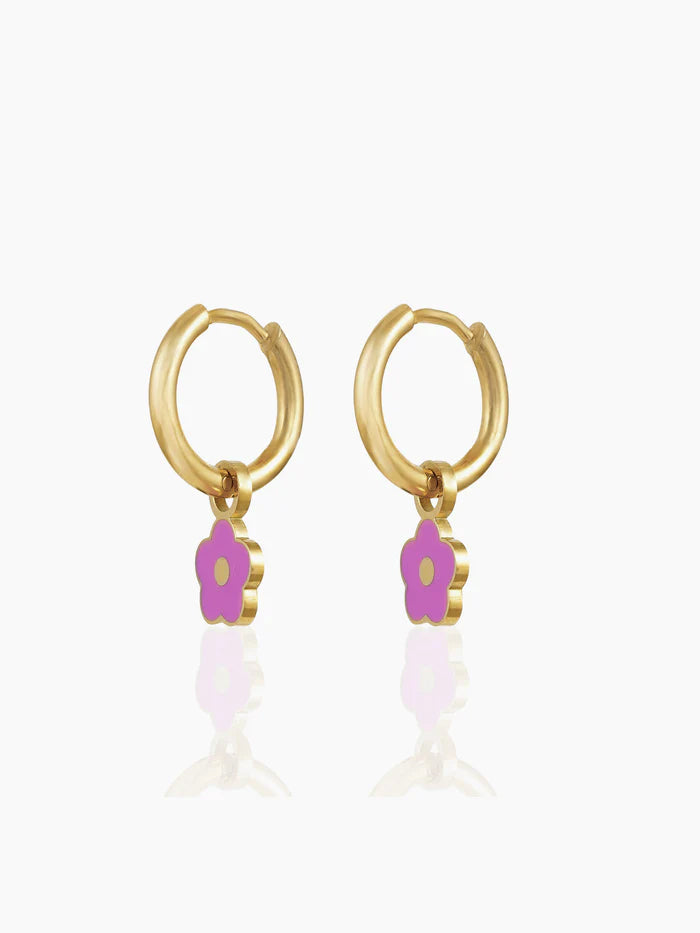 Pinky Flower Charm 18K Gold Plated Kid's Hoop Dangling Earrings
