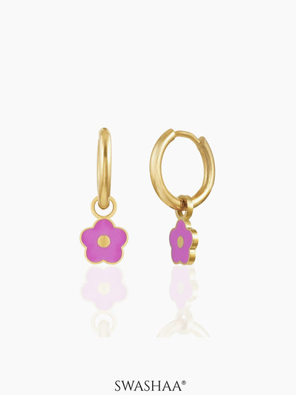 Pinky Flower Charm 18K Gold Plated Kid's Hoop Dangling Earrings
