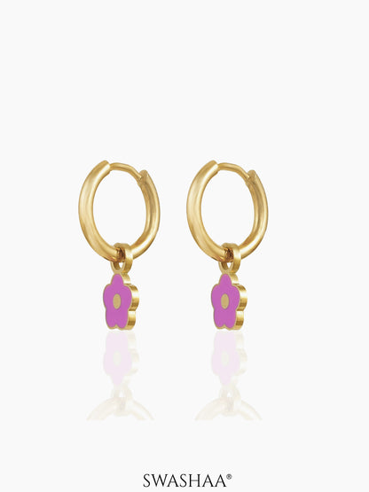 Pinky Flower Charm 18K Gold Plated Kid's Hoop Dangling Earrings
