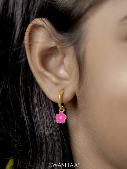 Pinky Flower Charm 18K Gold Plated Kid's Hoop Dangling Earrings