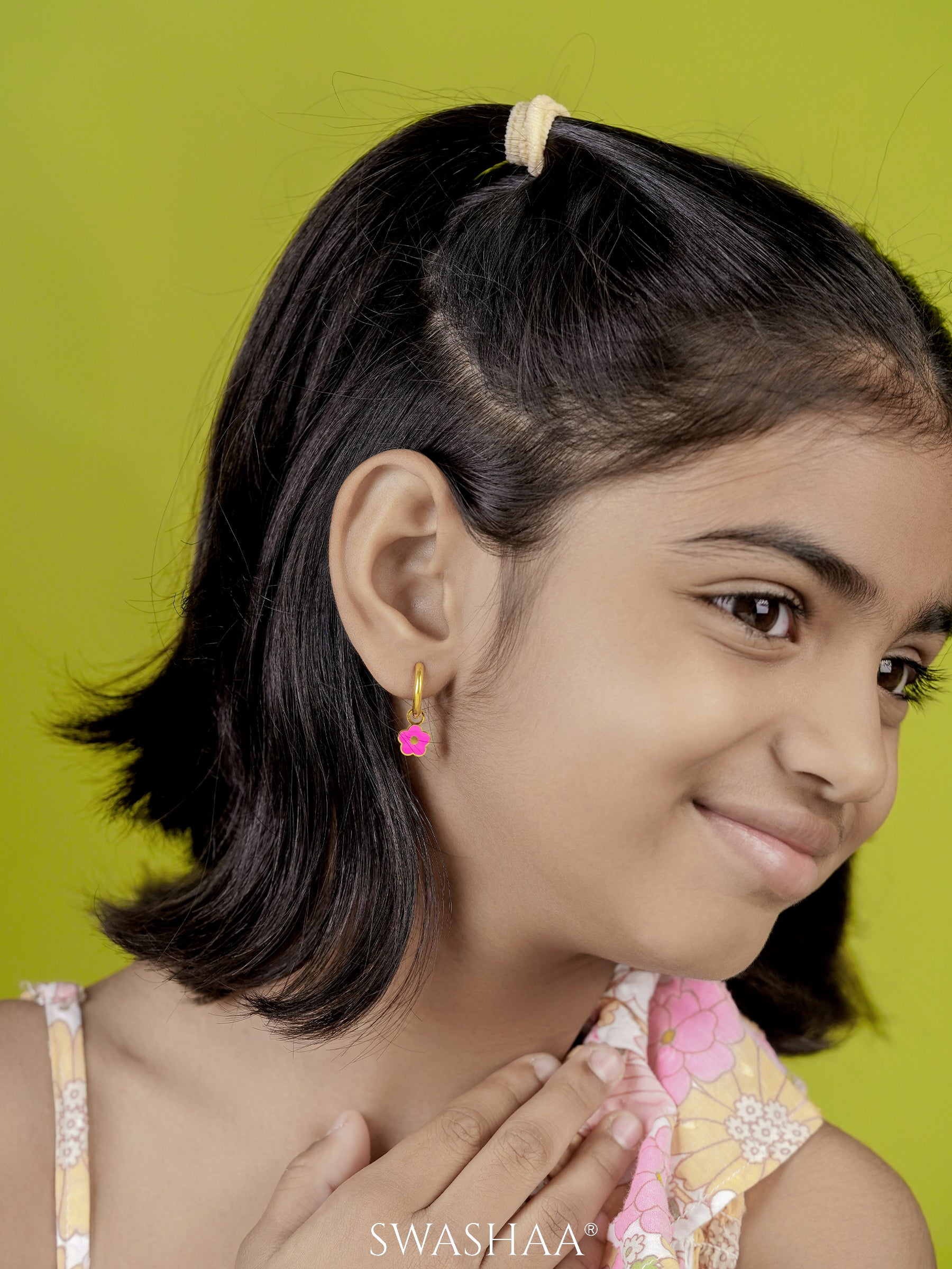 Pinky Flower Charm 18K Gold Plated Kid's Hoop Dangling Earrings