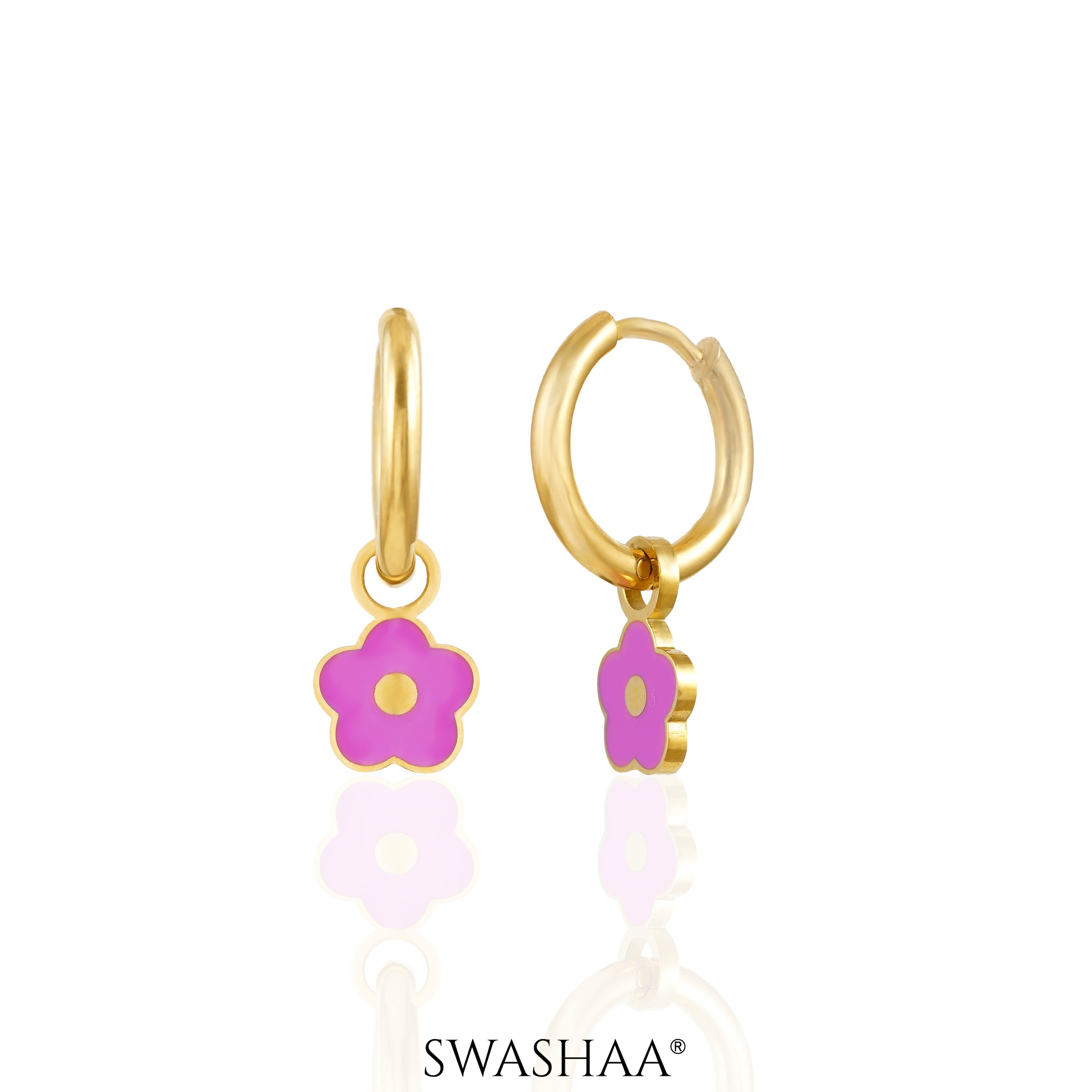 Pinky Flower 18K Gold Plated Kid's Hoop Earrings
