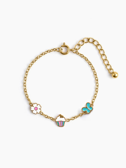 Pixie Butterfly Cupcake Floral Charms 18K Gold Plated Kid's Bracelet 