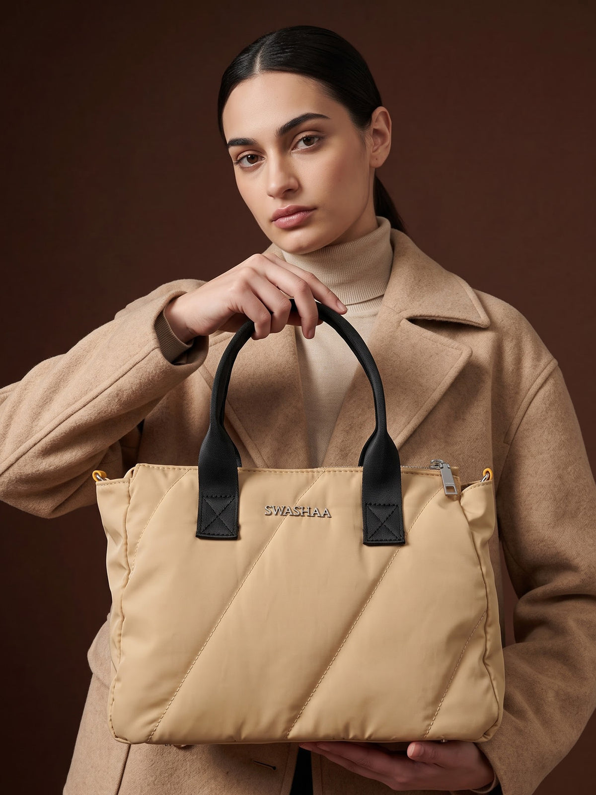 Plum Beige Nylon Women's Hand Bag