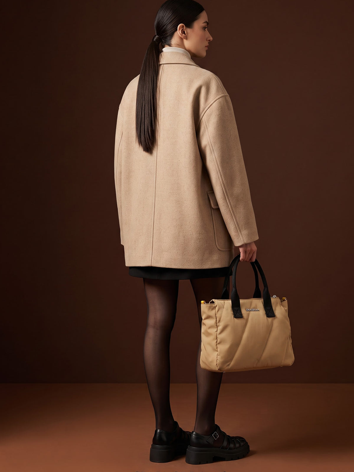 Plum Beige Nylon Women's Hand Bag