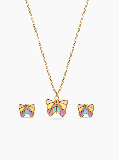 Popsy Multi Colour Butterfly 18K Gold Plated Kid's Jewelry Set Of 2 - Necklace & Earrings