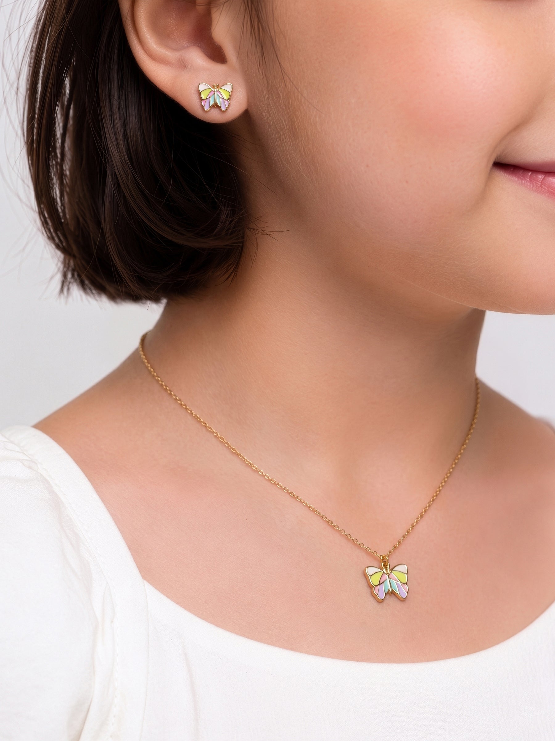 Popsy Multi Colour Butterfly 18K Gold Plated Kid's Jewelry Set Of 2 - Necklace & Earrings