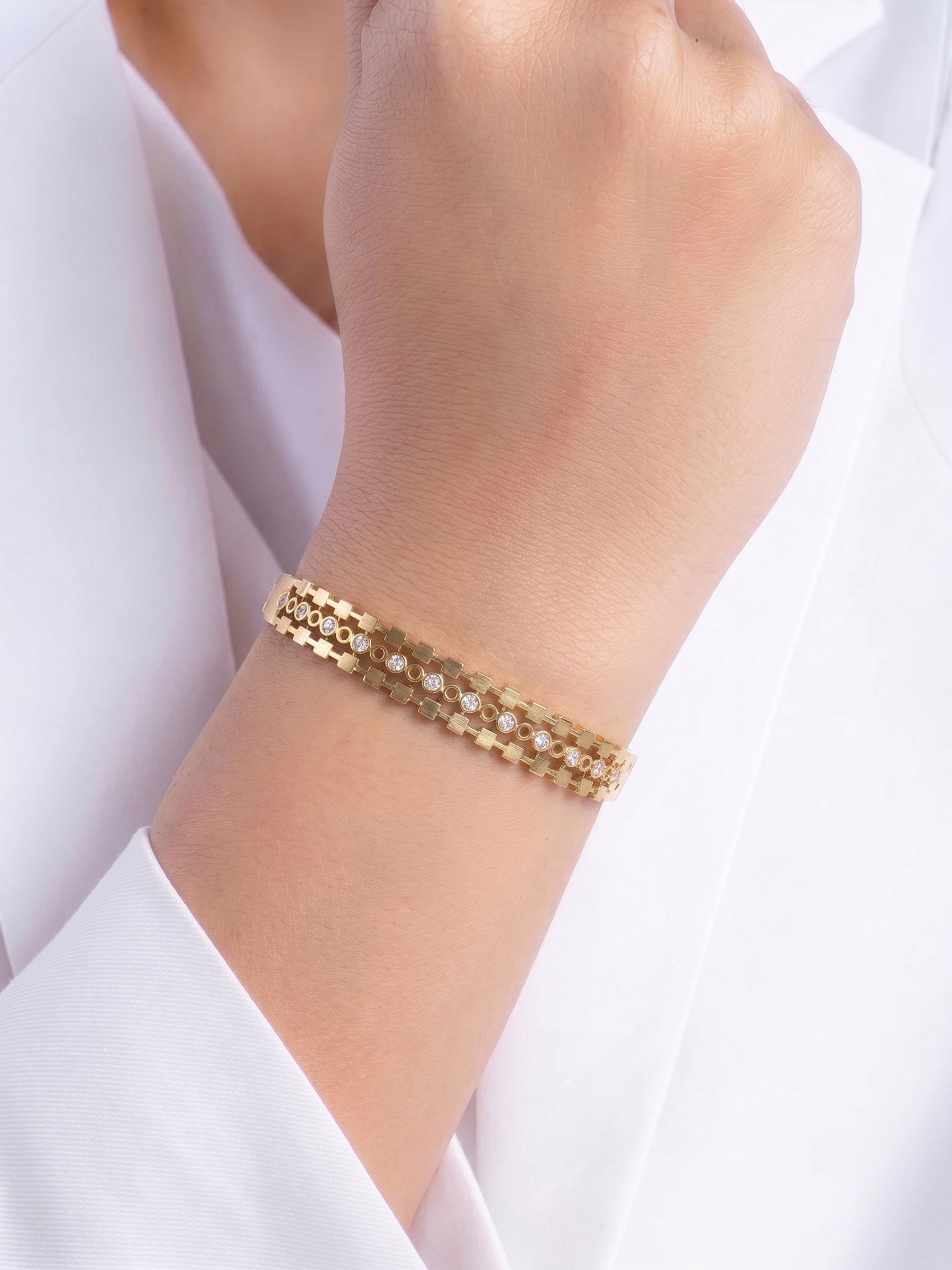 Qanira Geometric Linear Diamond Solitaire 18K Gold Plated Women's Solid Band Bracelet