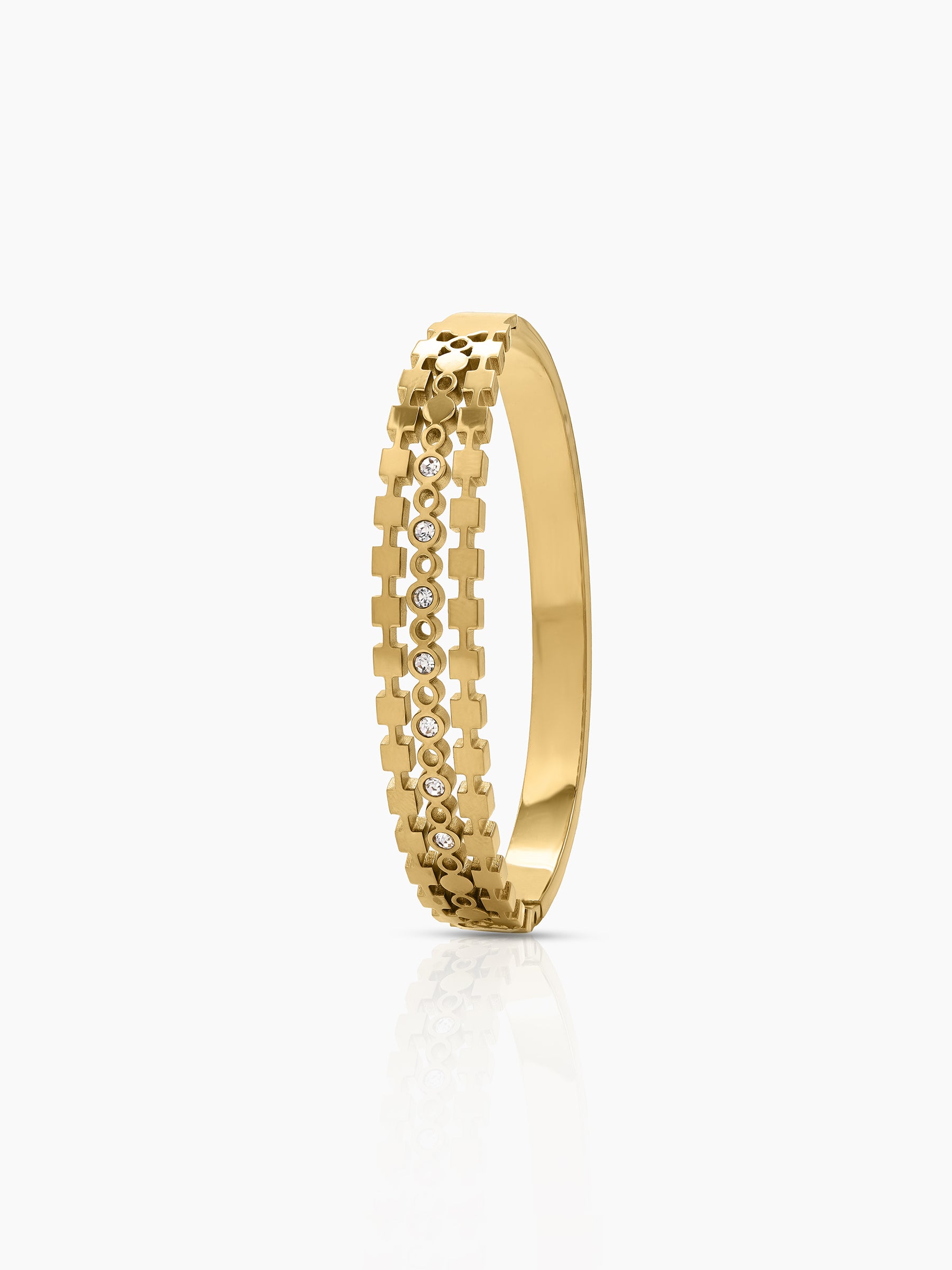 Qanira Geometric Linear Diamond Solitaire 18K Gold Plated Women's Solid Band Bracelet