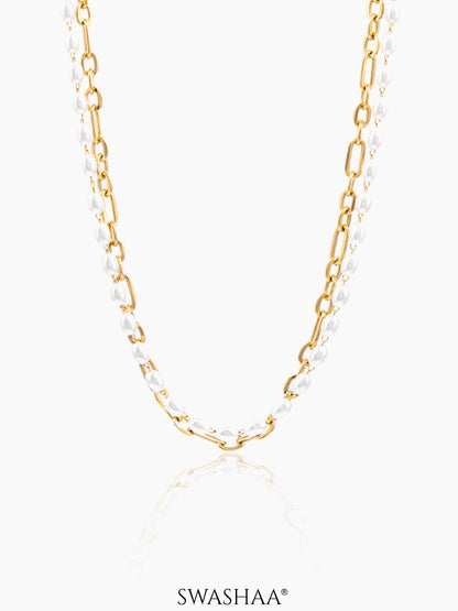 Queen Dual Layered White Oval Pearls 18K Gold Plated Stacking Set