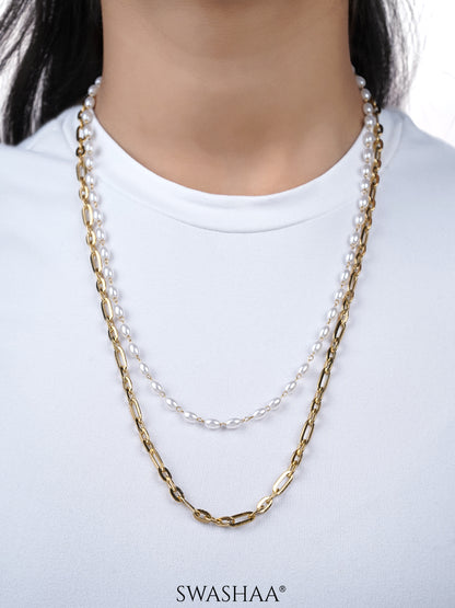 Queen Dual Layered White Oval Pearls 18K Gold Plated Stacking Set