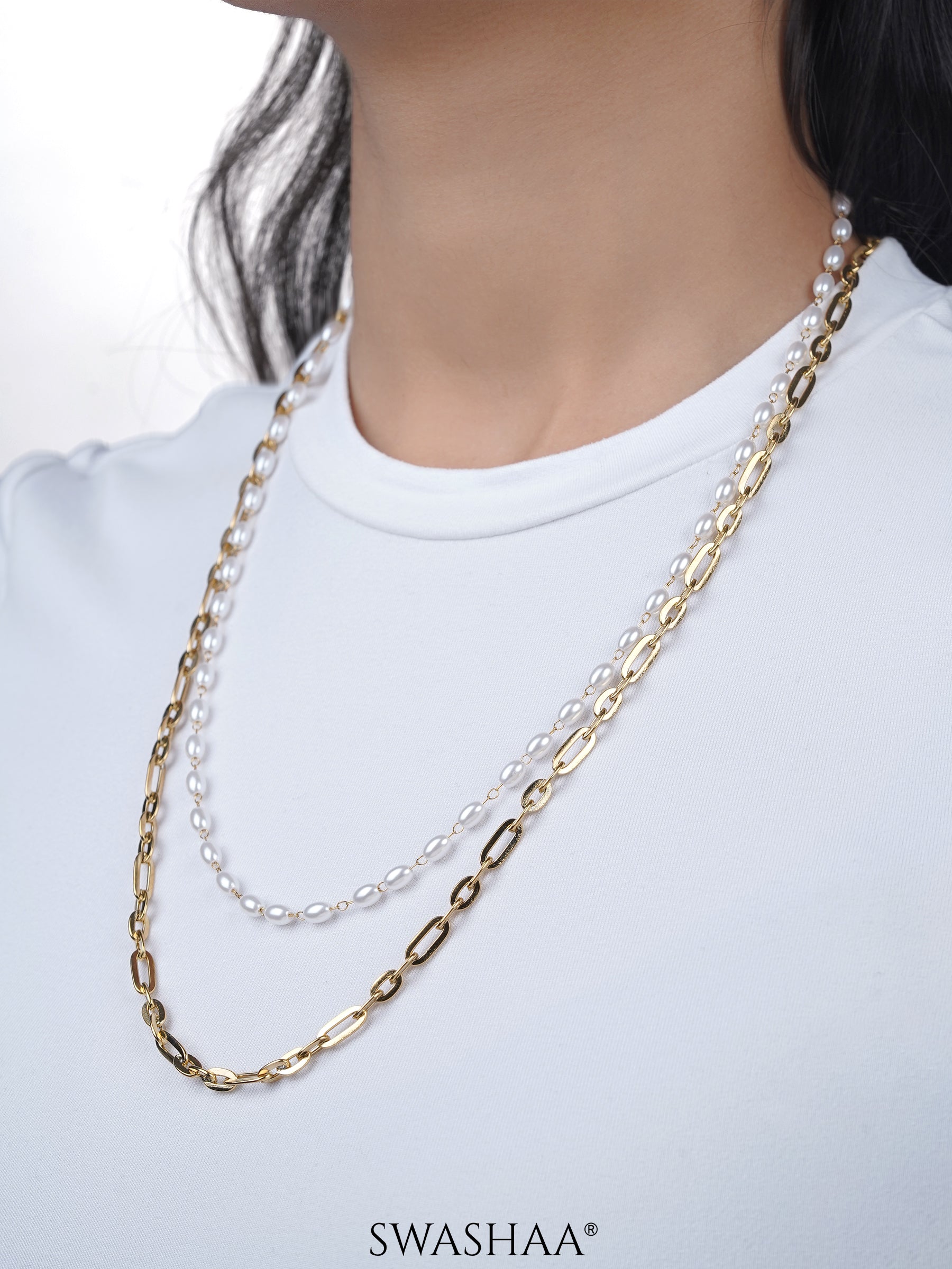 Queen Dual Layered White Oval Pearls 18K Gold Plated Stacking Set