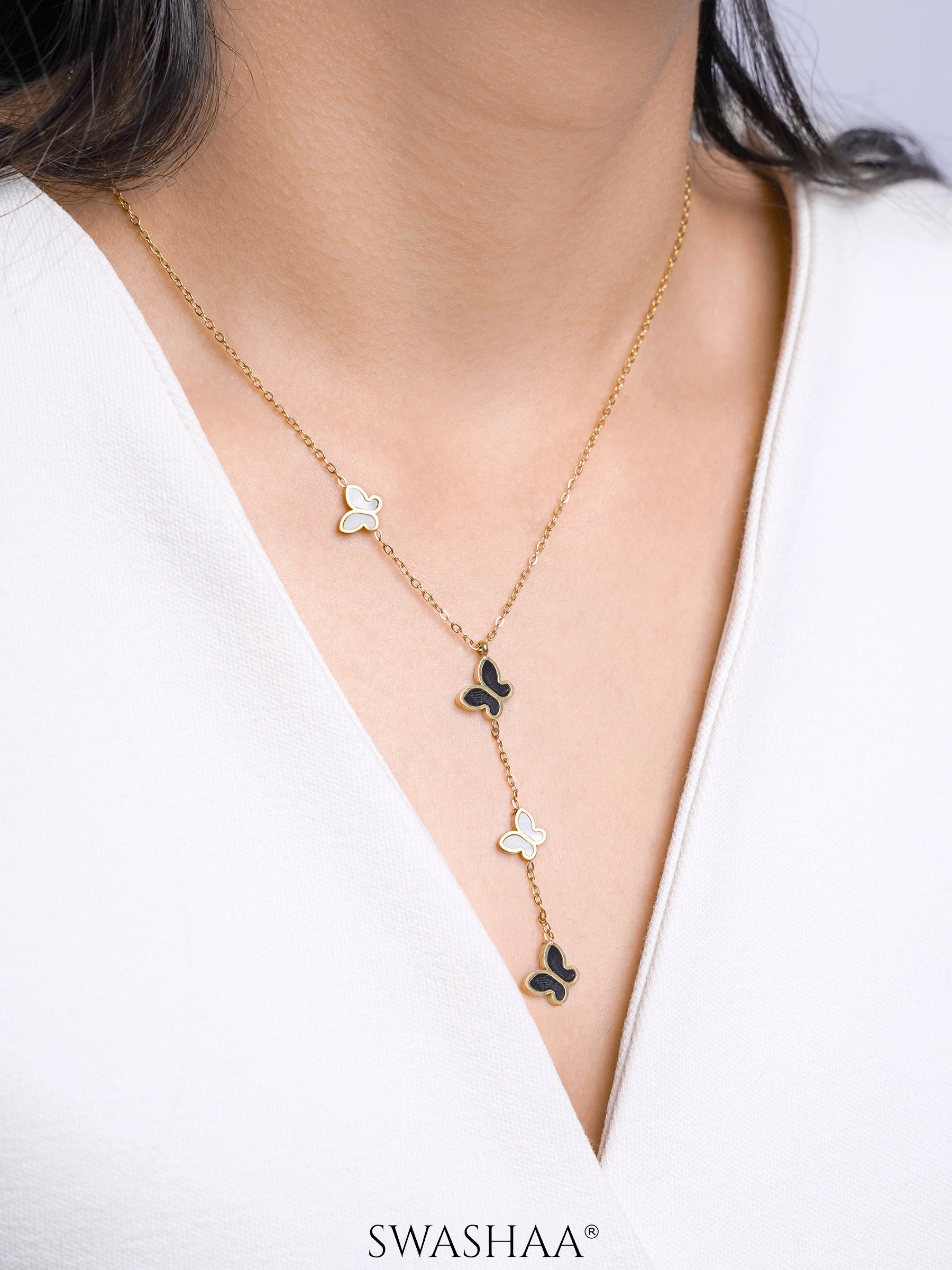 Raina Black White Butterfly Charms 18K Gold Plated Y-Shaped Pendant Necklace