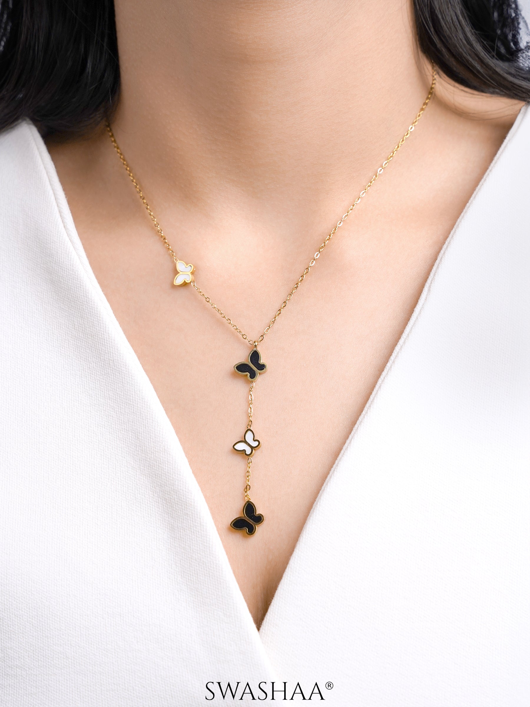 Raina Black White Butterfly Charms 18K Gold Plated Y-Shaped Pendant Necklace