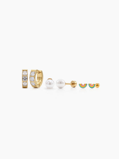 Rainbow Dreams Pearl Diamond 18K Gold Plated Kid's Earring Set