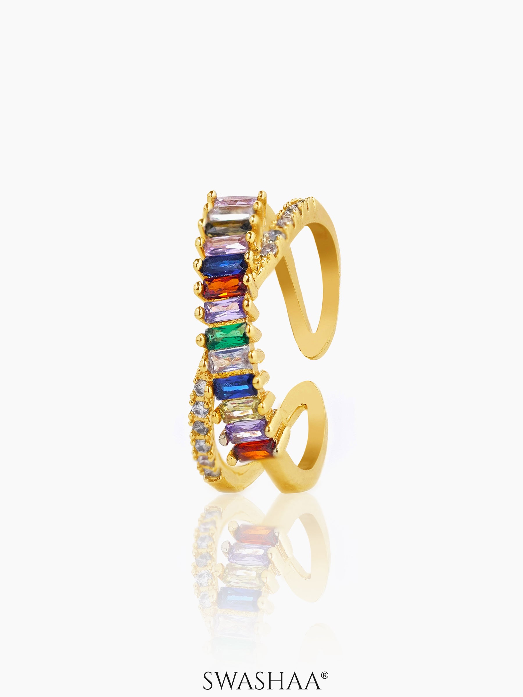 Rainbow Multicolored Baguette Stones Adjustable Band 18K Gold Plated Ring