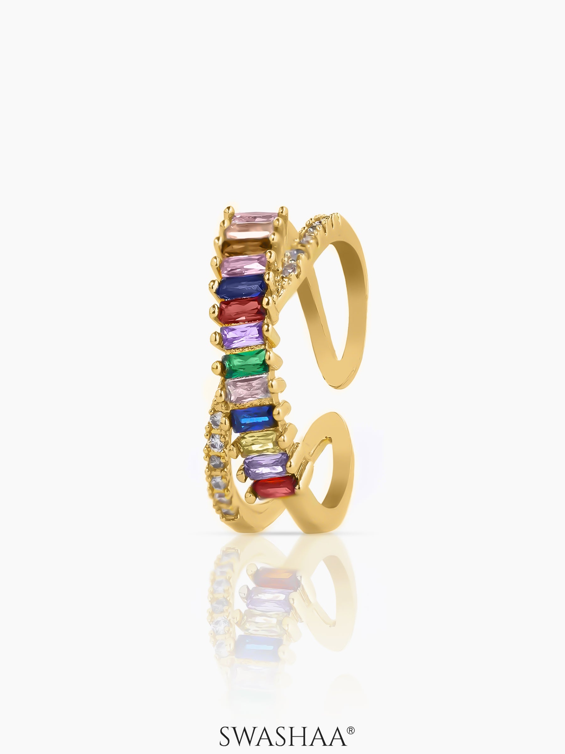 Rainbow Multicolored Baguette Stones Adjustable Band 18K Gold Plated Ring