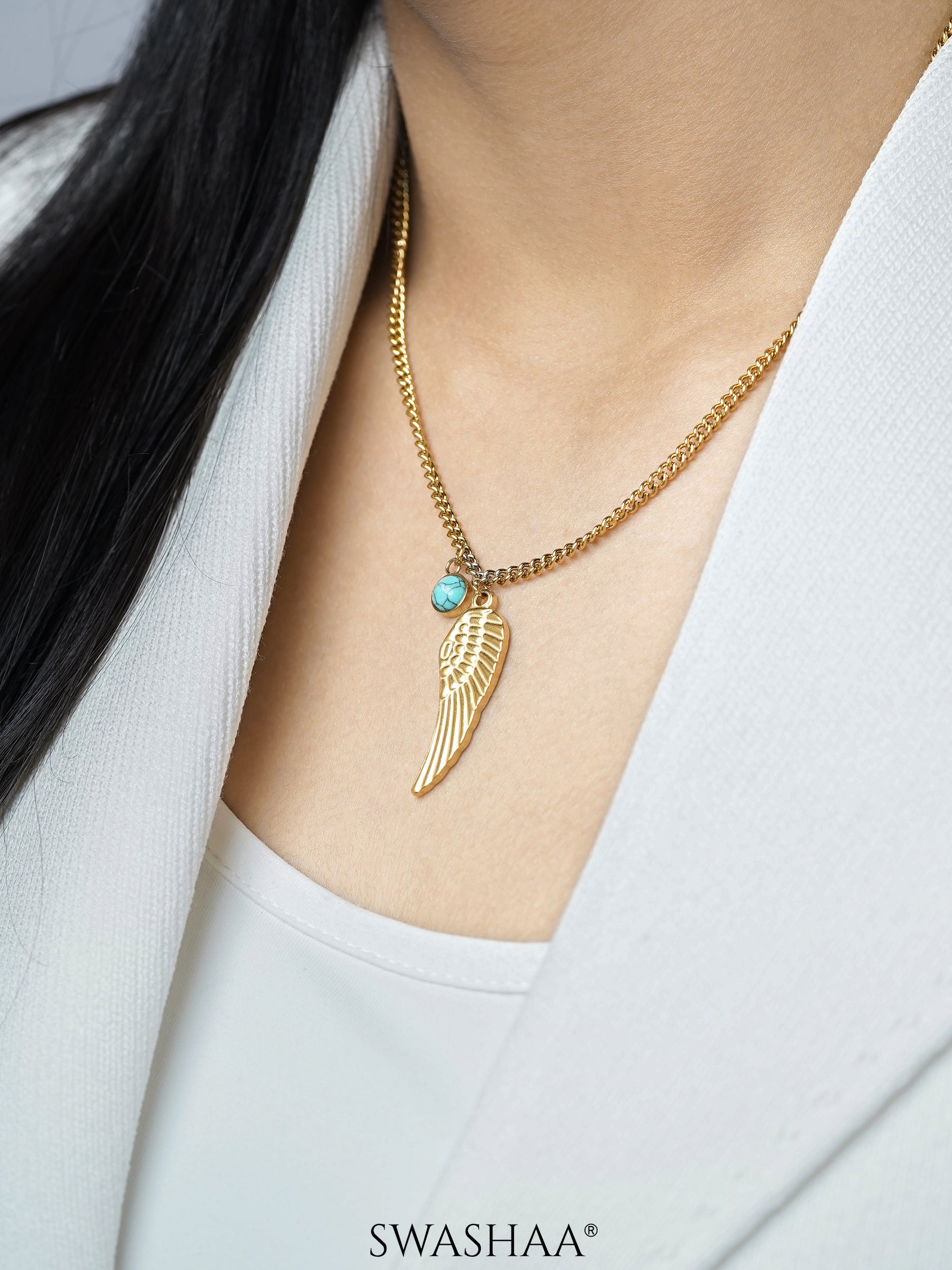 Rana Angle Wing Turquoise Charm 18K Gold Plated Chain Pendant Necklace
