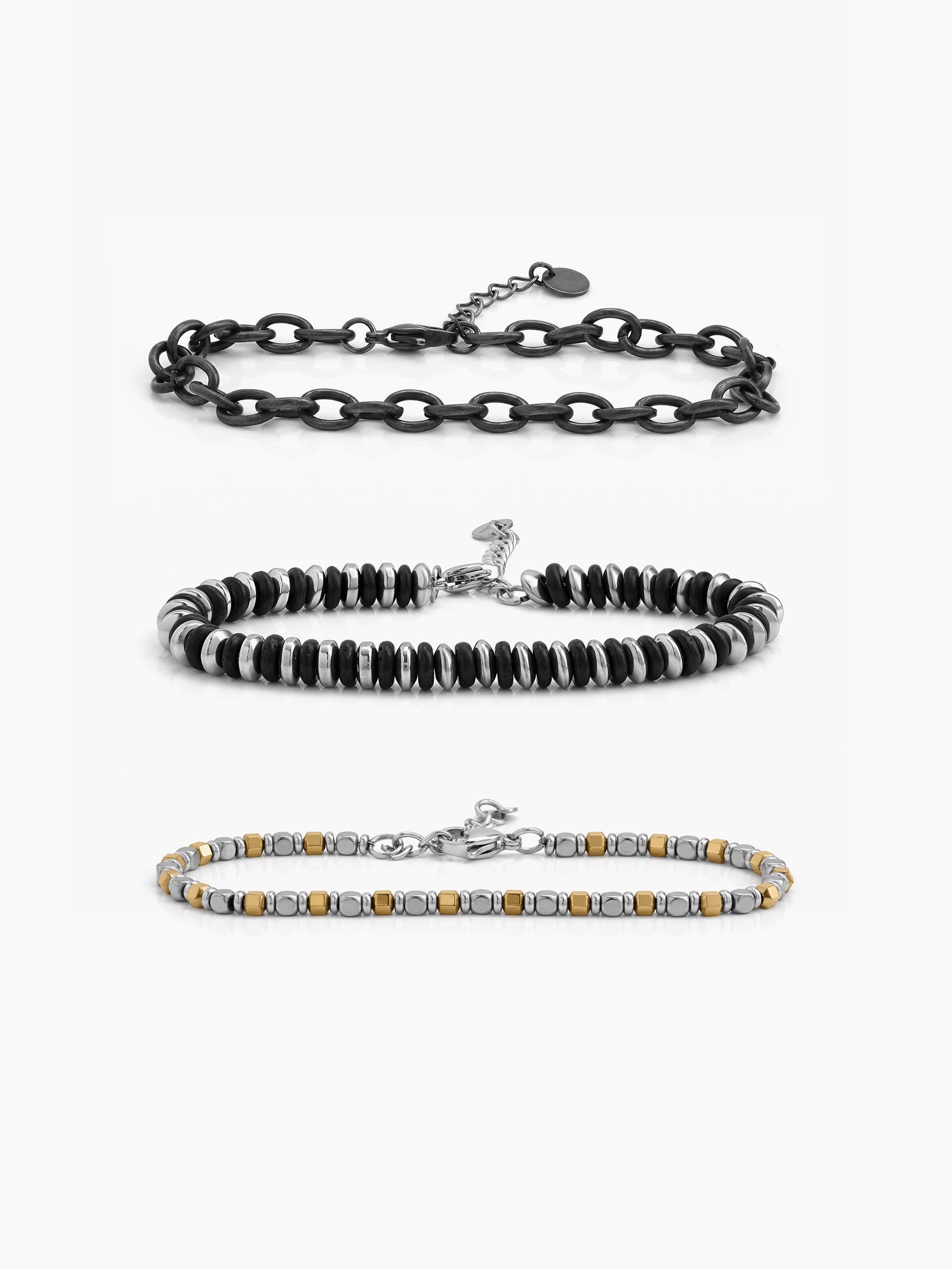 Ravelin Beaded Chain Link Black - Silver Men's Bracelet Set