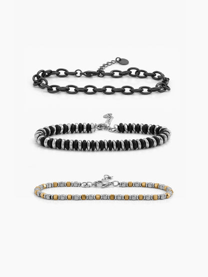 Ravelin Beaded Chain Link Black - Silver Men's Bracelet Set