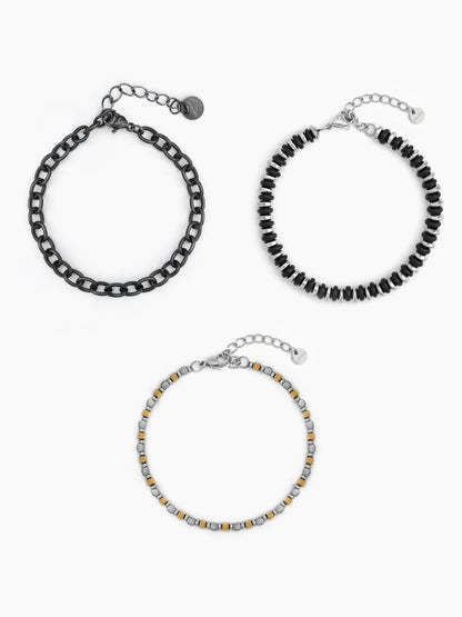 Ravelin Beaded Chain Link Black - Silver Men's Bracelet Set