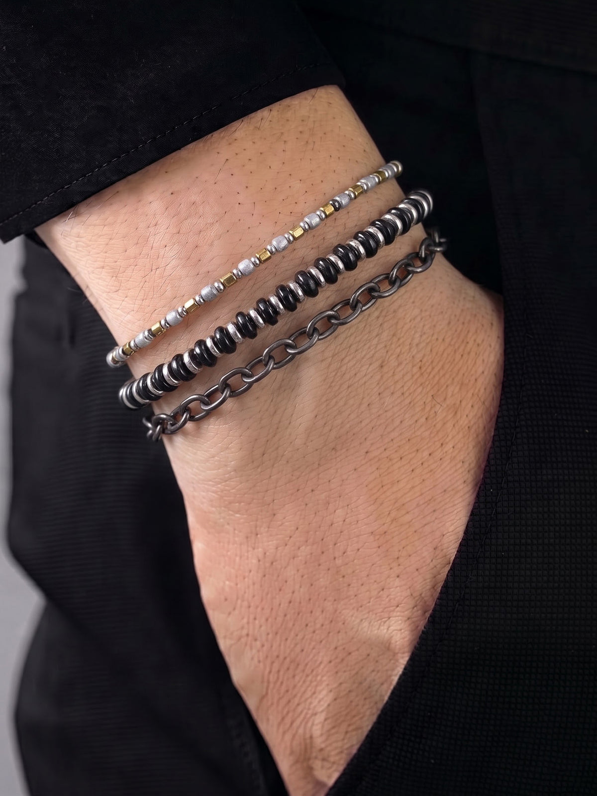 Ravelin Beaded Chain Link Black - Silver Men's Bracelet Set