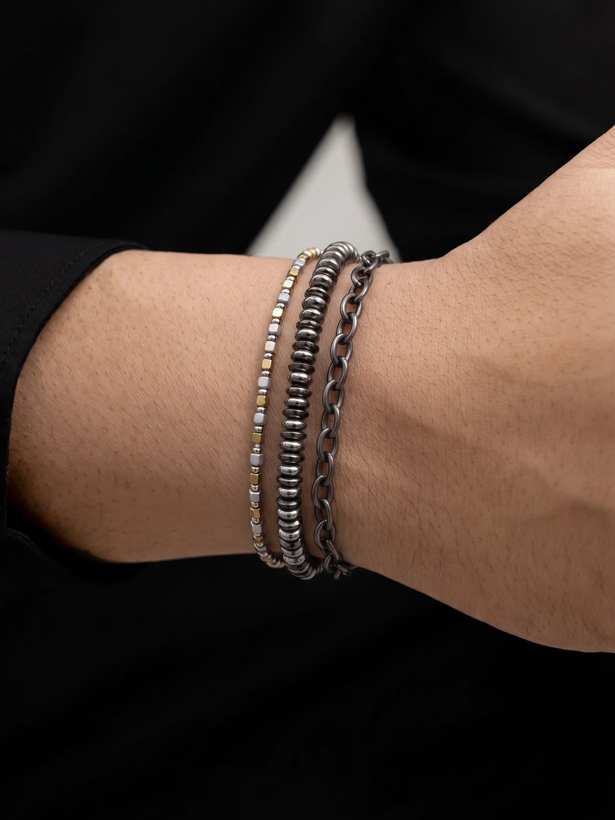 Ravelin Beaded Chain Link Black - Silver Men's Bracelet Set