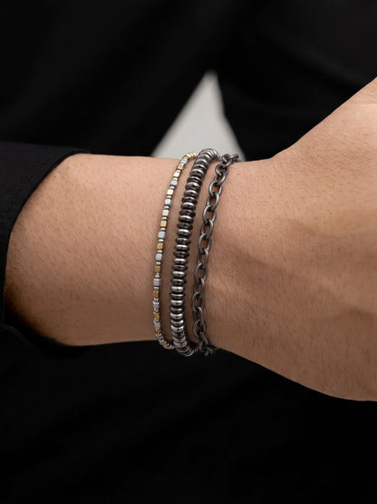 Ravelin Beaded Chain Link Black - Silver Men's Bracelet Set