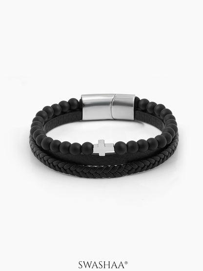 Ravian Braided Strap Cross Black Beaded Charm Men's Leather Bracelet