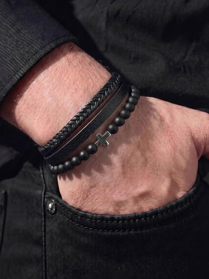 Ravian Braided Strap Cross Black Beaded Charm Men's Leather Bracelet