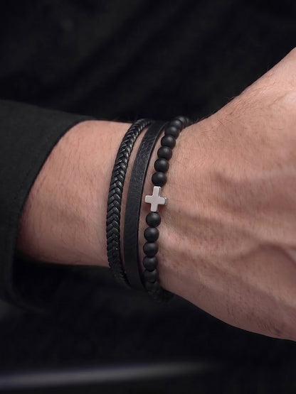 Ravian Braided Strap Cross Black Beaded Charm Men's Leather Bracelet