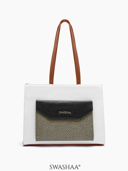 Reece White Brown Printed Front Pocket Women's Leather Tote Bag