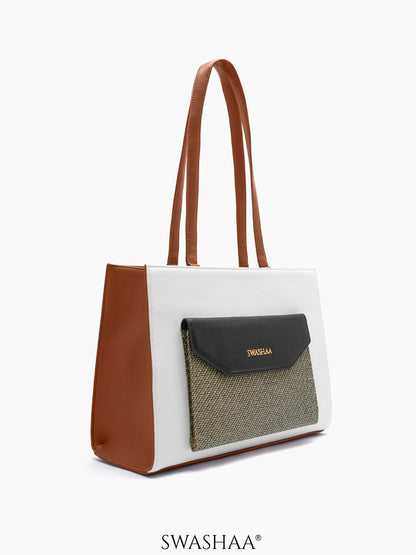 Reece White Brown Printed Front Pocket Women's Leather Tote Bag