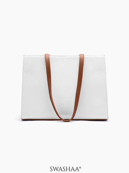 Reece White Brown Printed Front Pocket Women's Leather Tote Bag