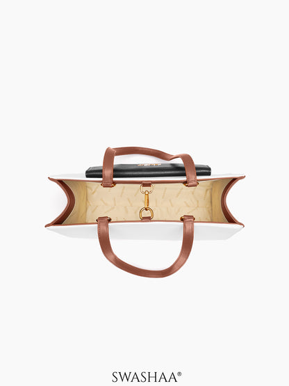 Reece White Brown Printed Front Pocket Women's Leather Tote Bag