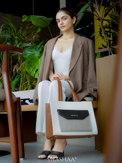 Reece White Brown Printed Front Pocket Women's Leather Tote Bag