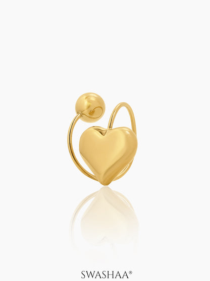 Reemi Puffed Glossy Heart Charm Round Bead 18K Gold Plated Ring