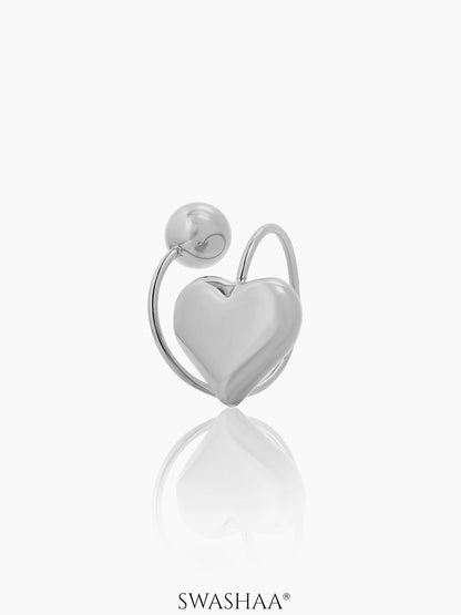Reemi Puffed Glossy Heart Charm Round Bead Silver Ring
